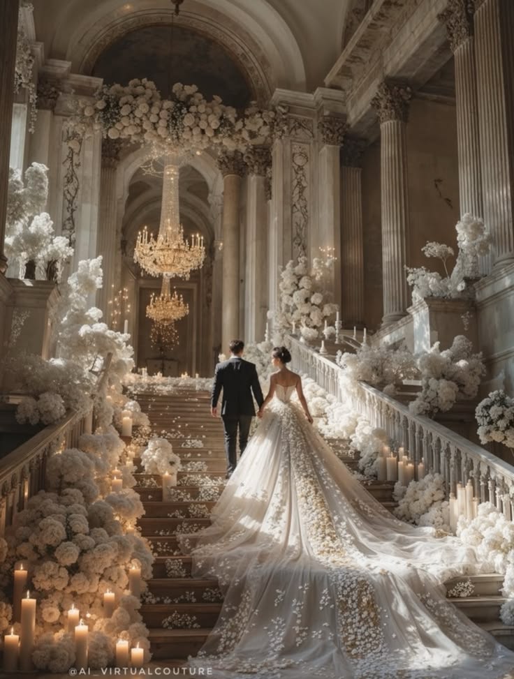 Couple walking down a candlelit staircase